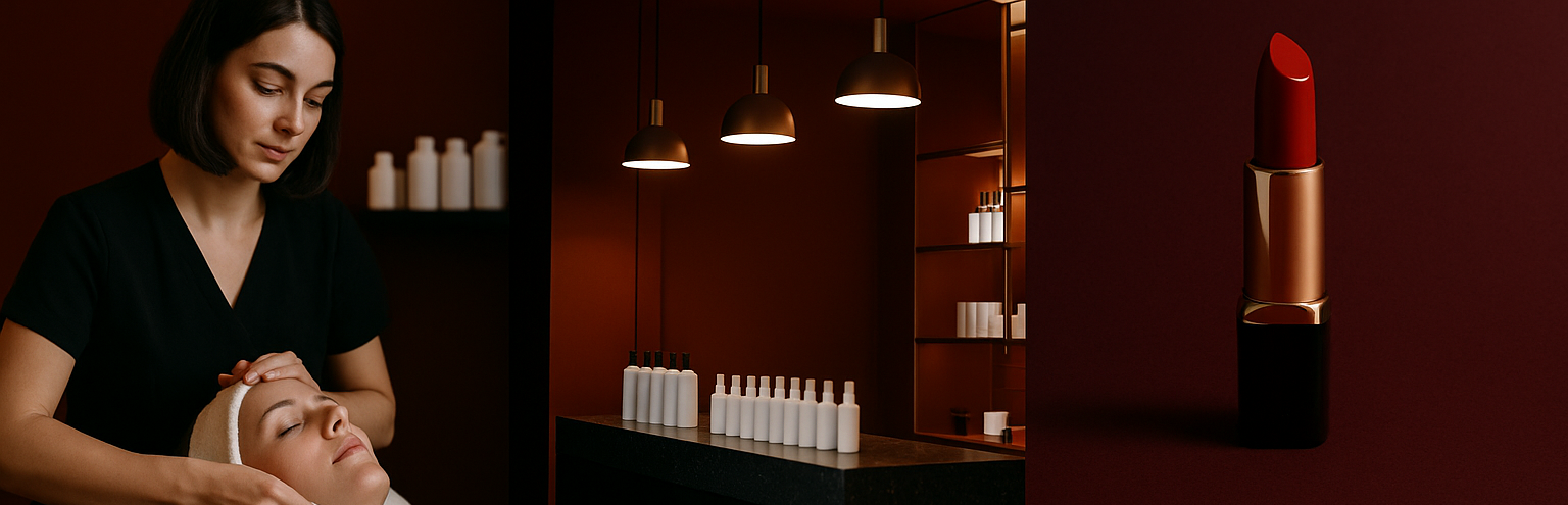 Collage of a woman receiving a facial, a shelf with skincare products, a lipstick, a person using a laptop, and a hand drawing a floor plan.